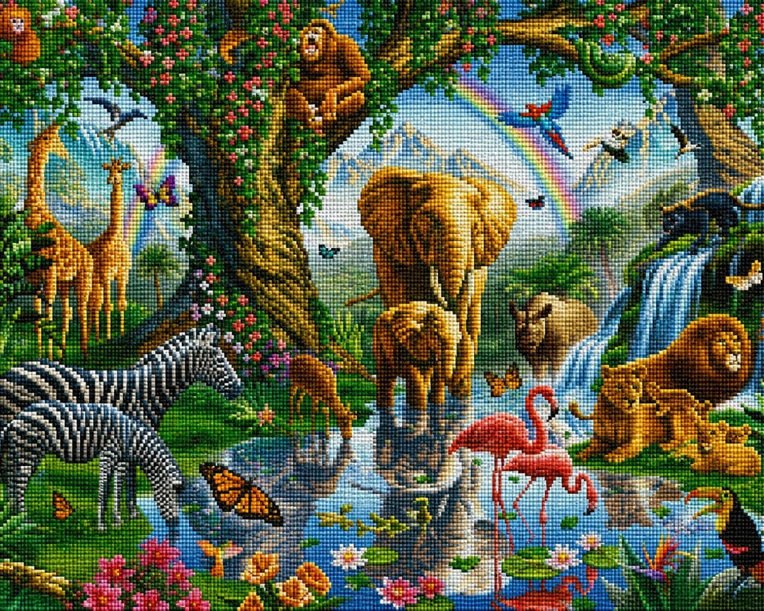 Diamond Painting mit Elefanten, Zebras, Löwen und exotischen Tieren in einer farbenfrohen Safari-Landschaft. Mockup.