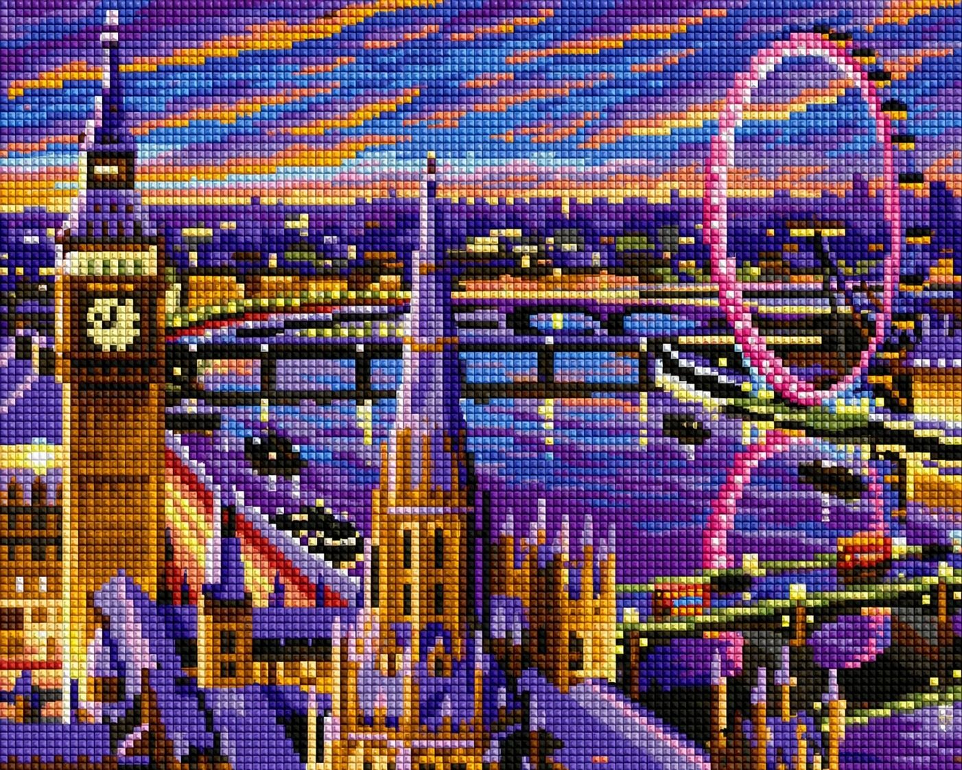 Diamond Painting mit London Skyline, Big Ben, London Eye und Themse bei farbenfrohem Sonnenuntergang. Mockup.