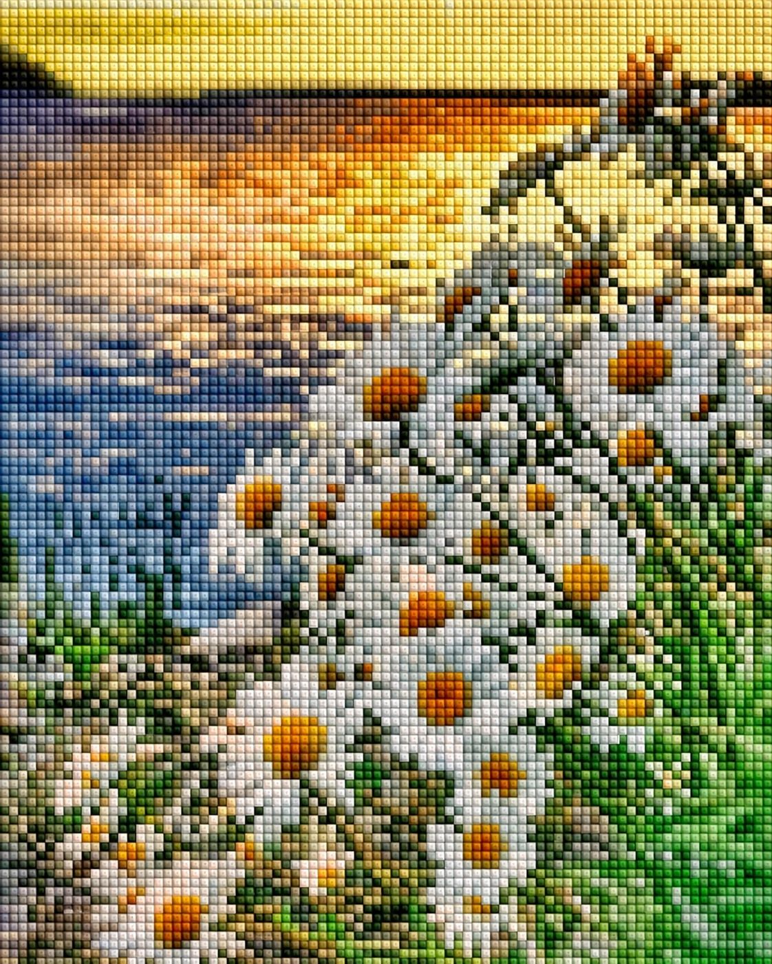 Diamond Painting mit weißen Margeriten am Seeufer während eines goldenen Sonnenuntergangs.
Mockup.
