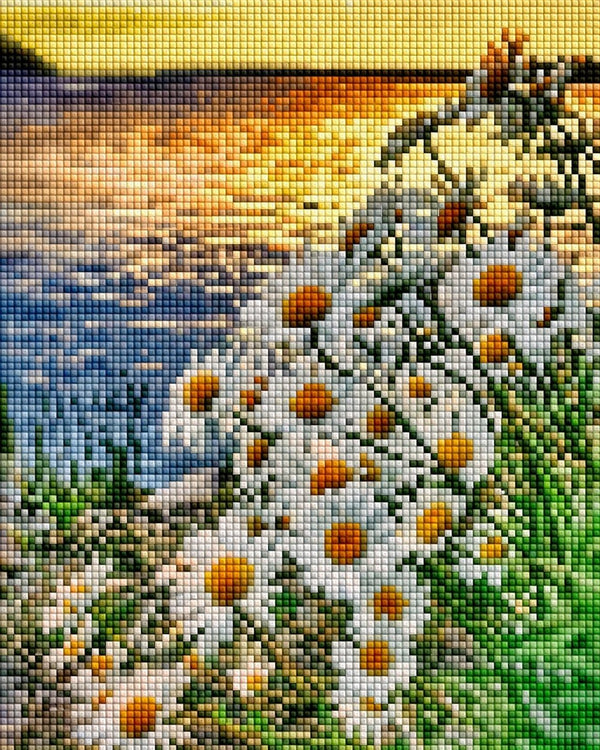 Diamond Painting mit weißen Margeriten am Seeufer während eines goldenen Sonnenuntergangs.
Mockup.