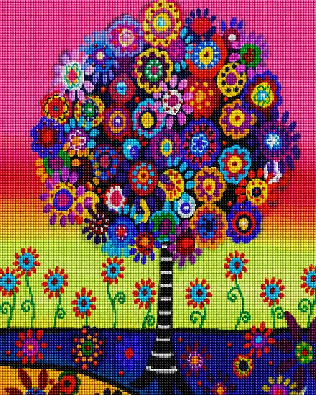 Diamond Painting eines bunten Baumes mit Blumenkrone vor einem pinken Hintergrund im Pop-Art-Stil. 
Mockup.