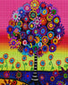 Diamond Painting eines bunten Baumes mit Blumenkrone vor einem pinken Hintergrund im Pop-Art-Stil. 
Mockup.