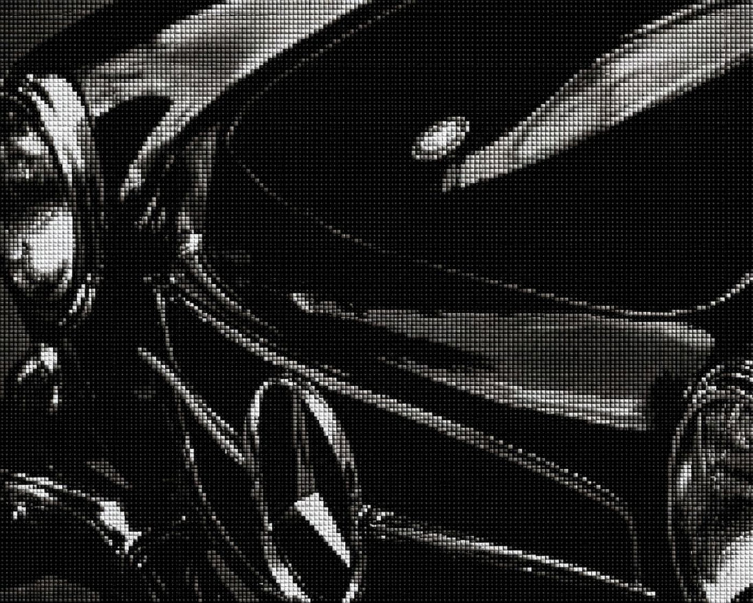 Diamond Painting Nahaufnahme eines schwarzen Mercedes Oldtimers in Schwarz-Weiß mit glänzendem Chrom. Mockup.