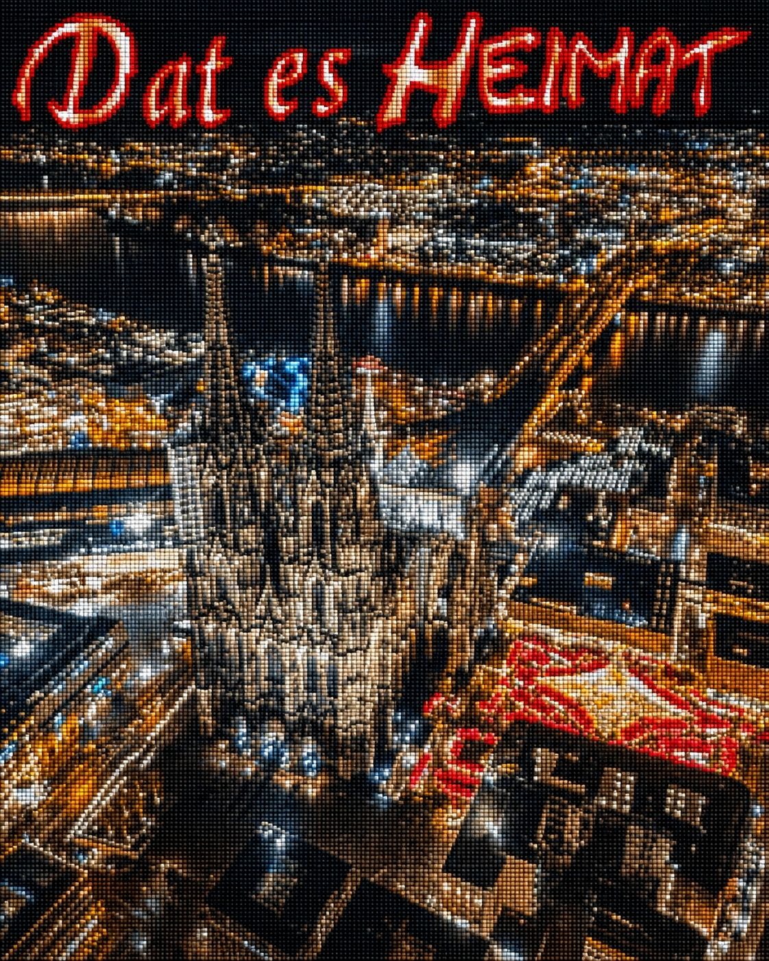 Diamond Painting des Kölner Doms bei Nacht mit beleuchtetem Weihnachtsmarkt aus der Vogelperspektive. Mockup.