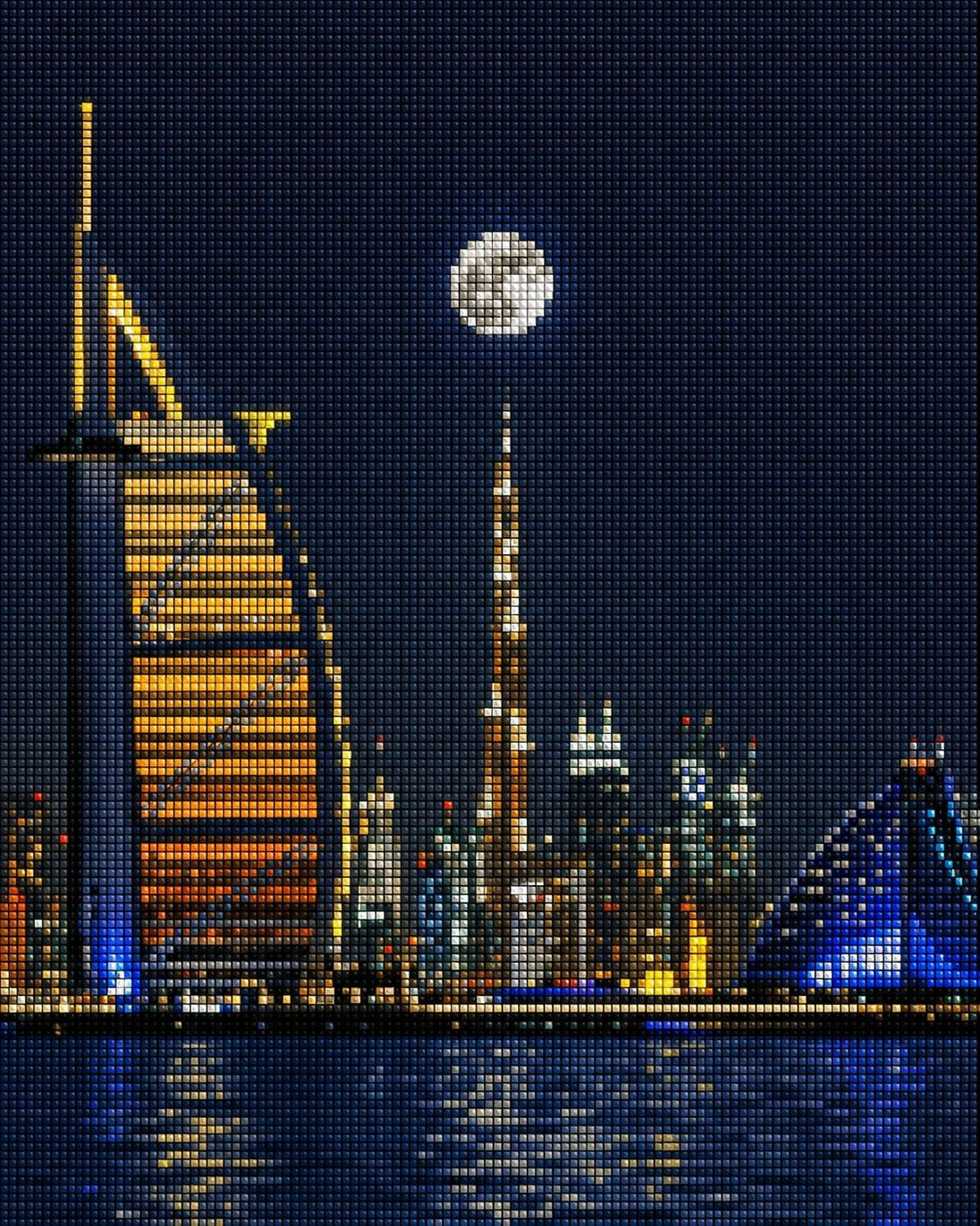 Diamond Painting der Skyline von Dubai mit Burj Khalifa und Burj Al Arab unter einem großen Vollmond. 
Mockup.