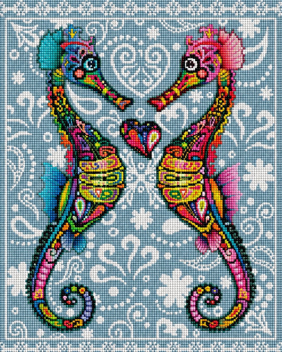 Diamond Painting von zwei bunten Seepferdchen mit Ornamenten, die zusammen ein Herz bilden. Mockup.