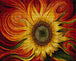 Diamond Painting einer goldgelben Sonnenblume mit geschwungenen roten und orangefarbenen Linien. Mockup.