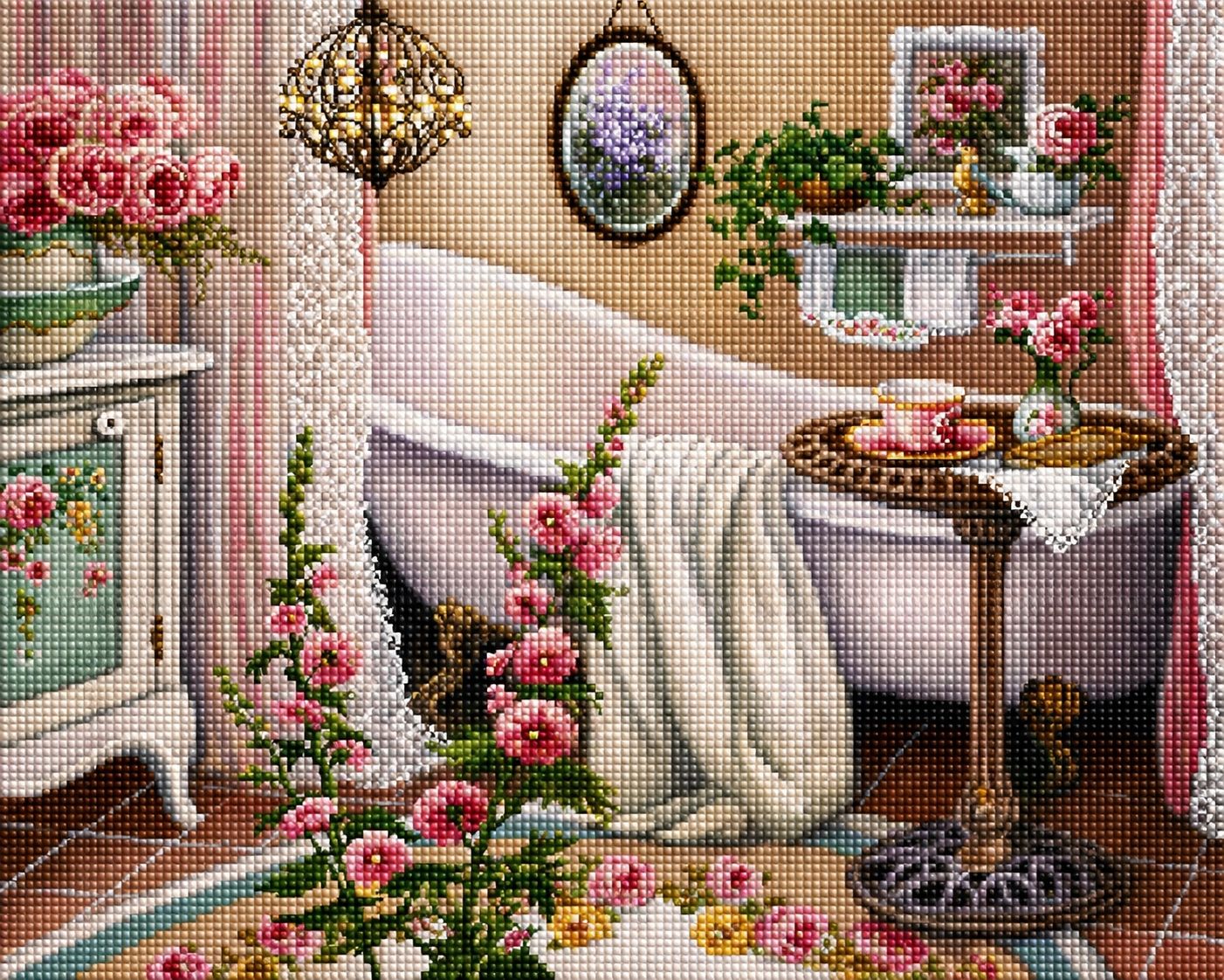 Diamond Painting mit weißer Badewanne, rosa Rosen, Teetasse und dekorativen Vintage-Elementen. Mockup.