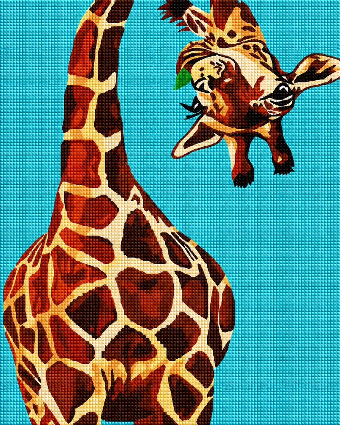 Diamond Painting mit einer einzelnen Giraffe vor hellblauem Hintergrund im Pop-Art-Stil. Mockup.