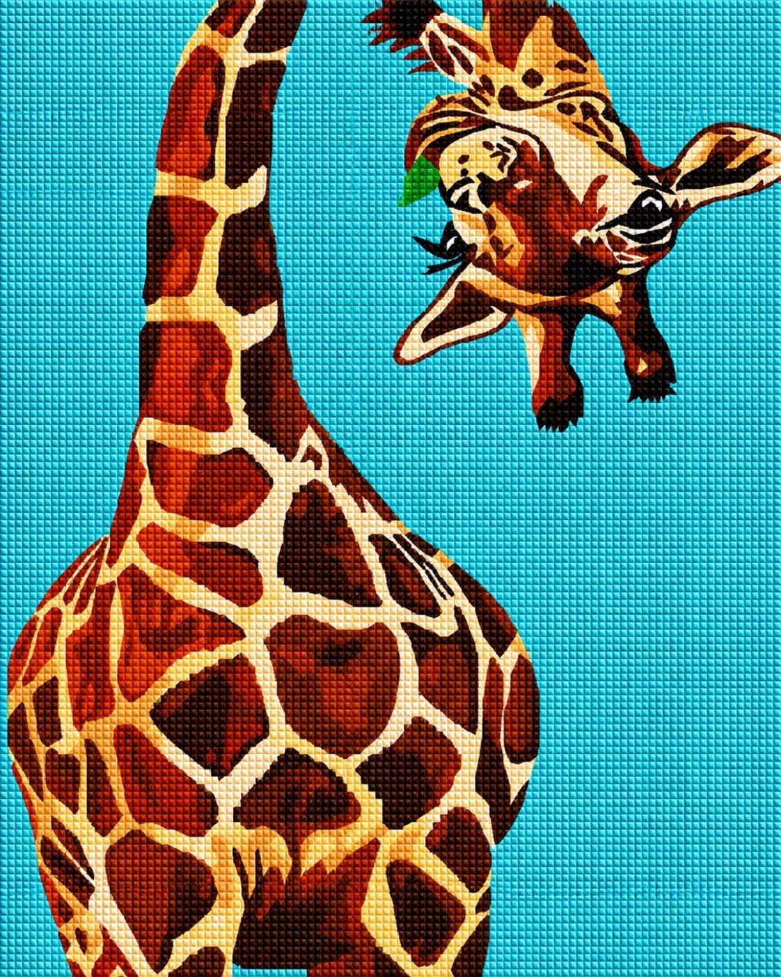 Diamond Painting mit einer einzelnen Giraffe vor hellblauem Hintergrund im Pop-Art-Stil. Mockup.
