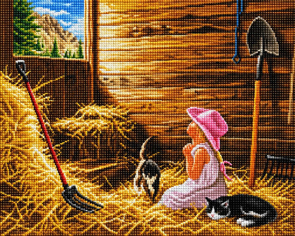 Diamond Painting mit Mädchen im rosa Hut, zwei Katzen und Heu in einer Holzscheune. Mockup.