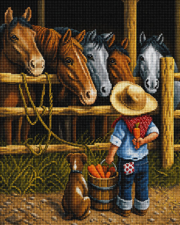 Diamond Painting mit Kind im Cowboyhut, vier Pferden und Hund am Pferdestall. Mockup.