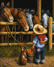 Diamond Painting mit Kind im Cowboyhut, vier Pferden und Hund am Pferdestall. Mockup.