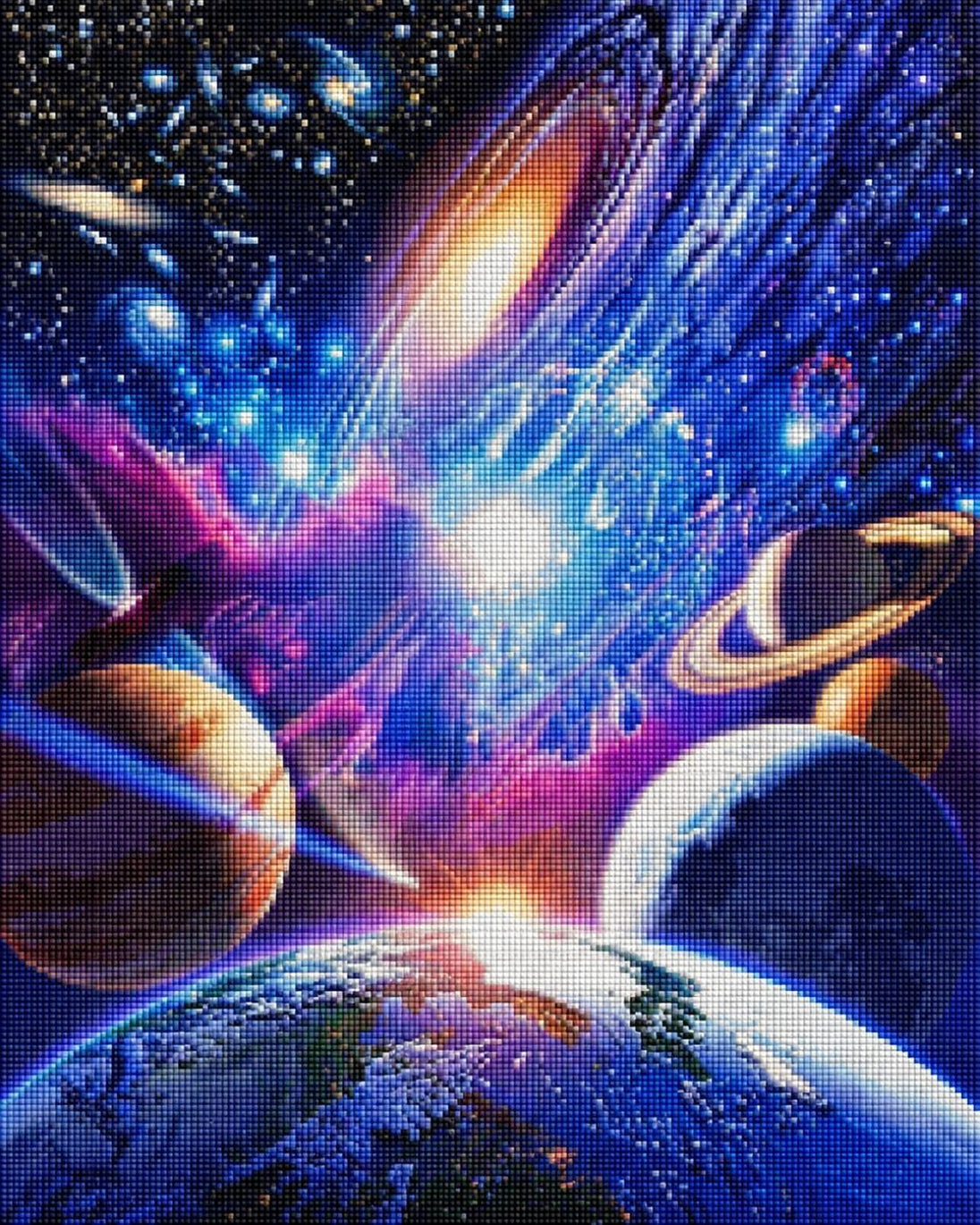Diamond Painting einer bunten Weltraumszene mit Planeten, Ringen, Sternen und leuchtenden Nebeln. Mockup.