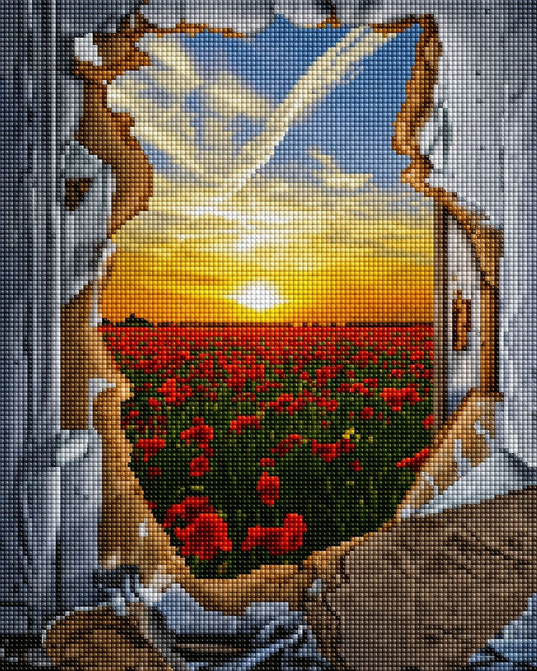 Diamond Painting mit 3D-Effekt: Blick durch ein Loch in der Wand auf ein rotes Mohnfeld bei Sonnenuntergang. 
Mockup.