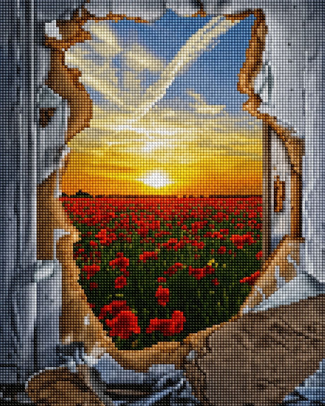 Diamond Painting mit 3D-Effekt: Blick durch ein Loch in der Wand auf ein rotes Mohnfeld bei Sonnenuntergang. 
Mockup.