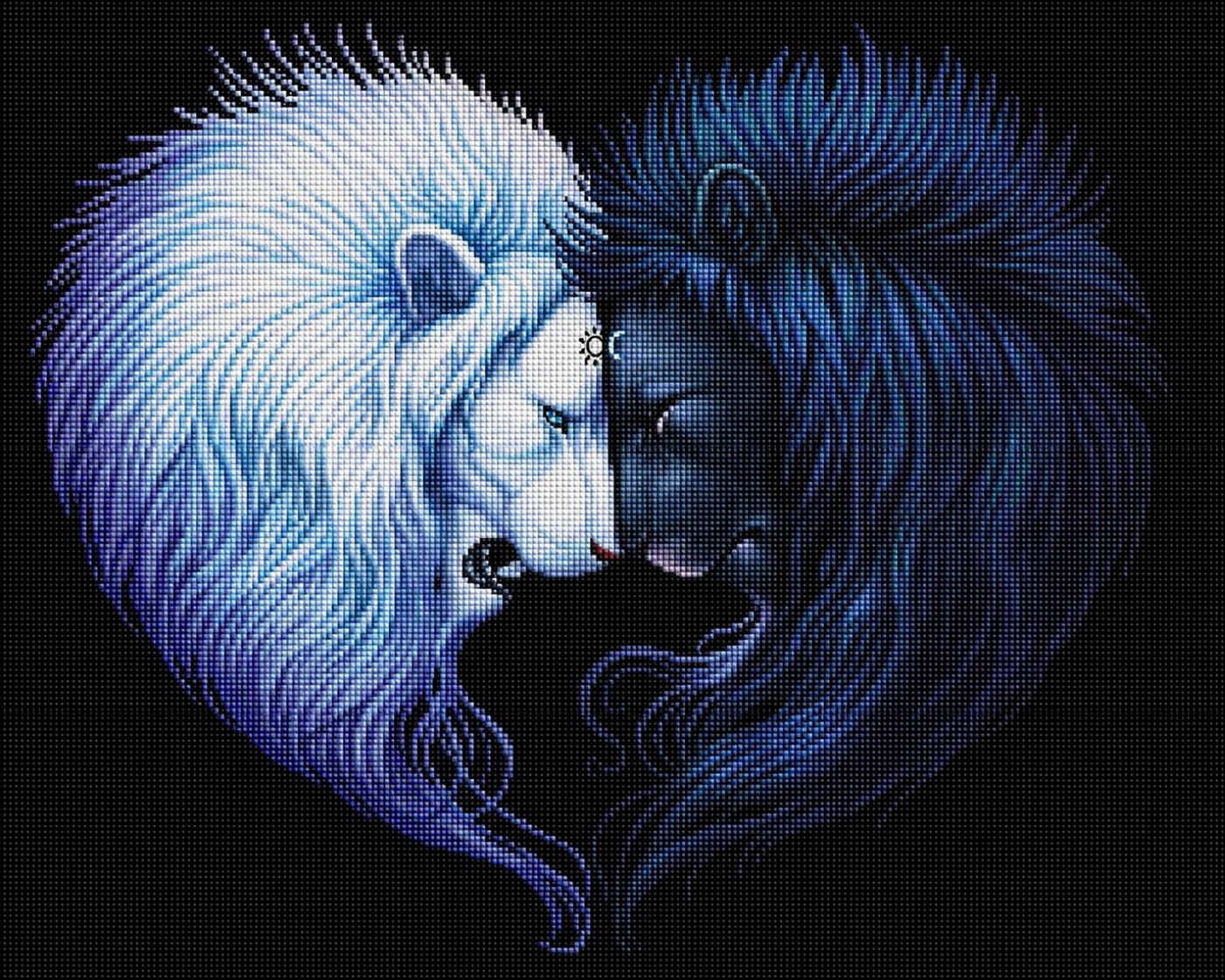 Diamond Painting mit schwarzem und weißem Löwenkopf vor schwarzem Hintergrund. Mockup.