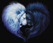 Diamond Painting mit schwarzem und weißem Löwenkopf vor schwarzem Hintergrund. Mockup.