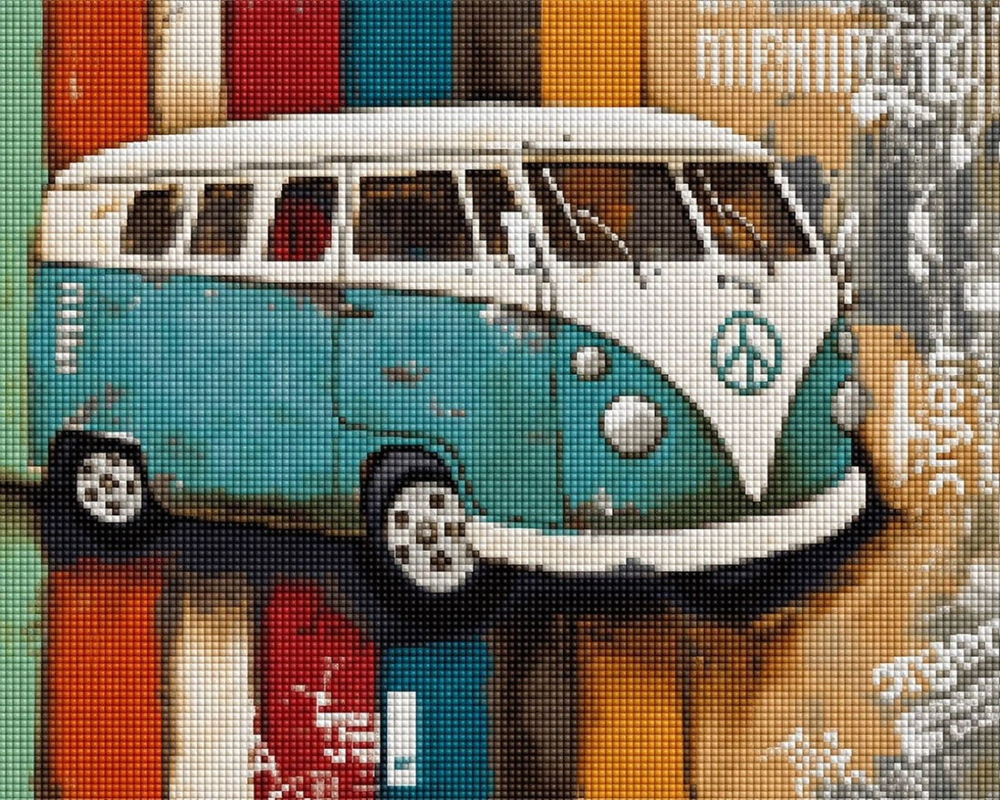 Diamond Painting mit türkisfarbenem Vintage-Bulli vor farbigem Hintergrund. Mockup.