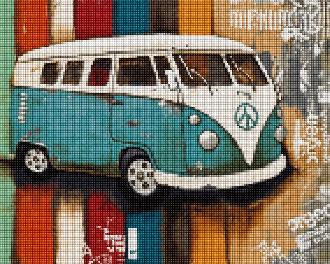 Diamond Painting mit türkisfarbenem Vintage-Bulli vor farbigem Hintergrund. Mockup.
