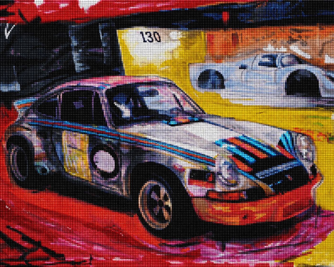 Diamond Painting mit klassischem Porsche 911 Rennwagen in Rot und Blau. Mockup.