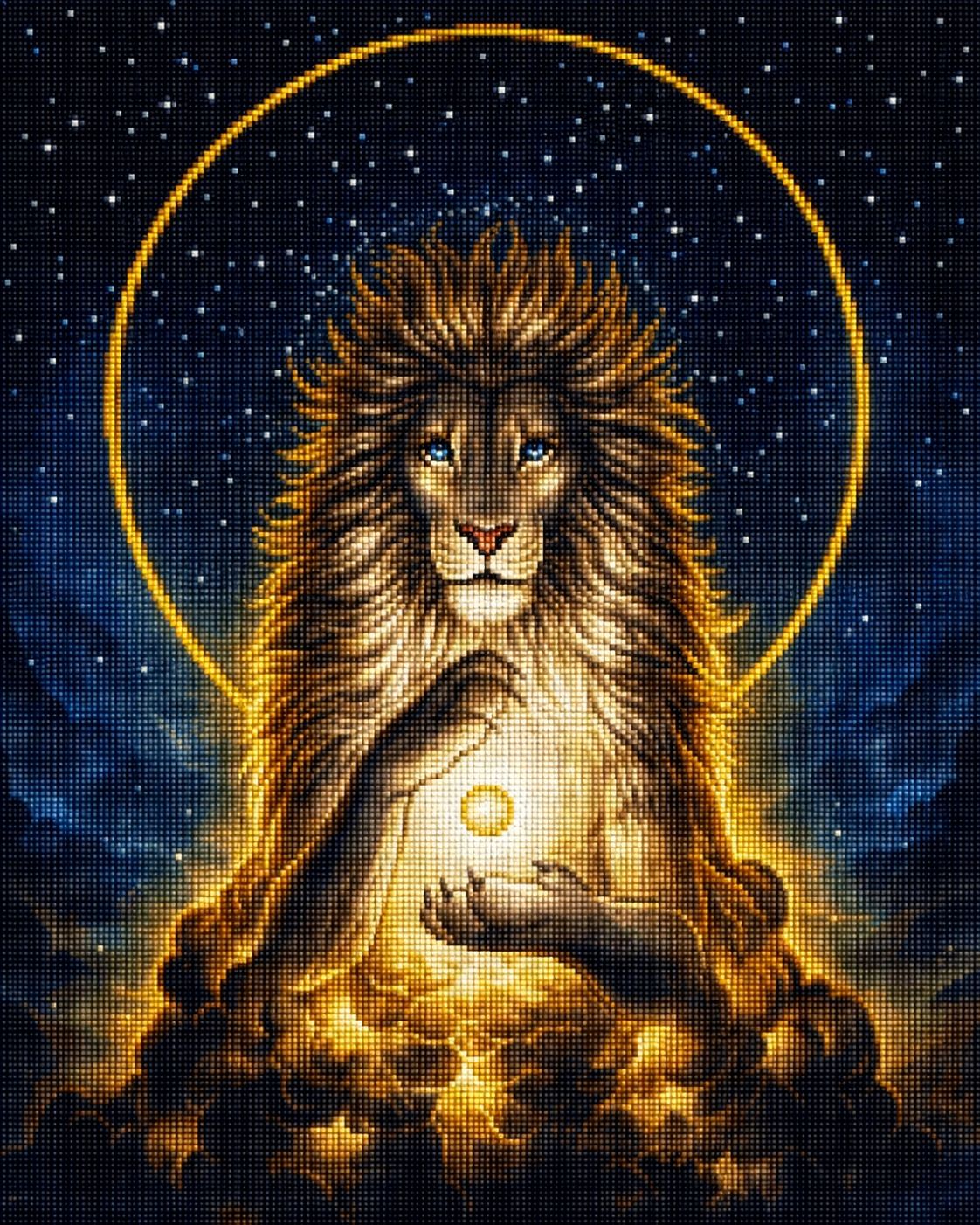 Diamond Painting eines majestätischen Löwen, der über Wolken schwebt und eine Lichtkugel zwischen den Pfoten hält. Mockup.