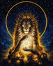 Diamond Painting eines majestätischen Löwen, der über Wolken schwebt und eine Lichtkugel zwischen den Pfoten hält. Mockup.