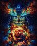 Diamond Painting eines Eulenkopfes, der aus blauem und orangem Sternennebel im Weltraum geformt ist. Mockup.