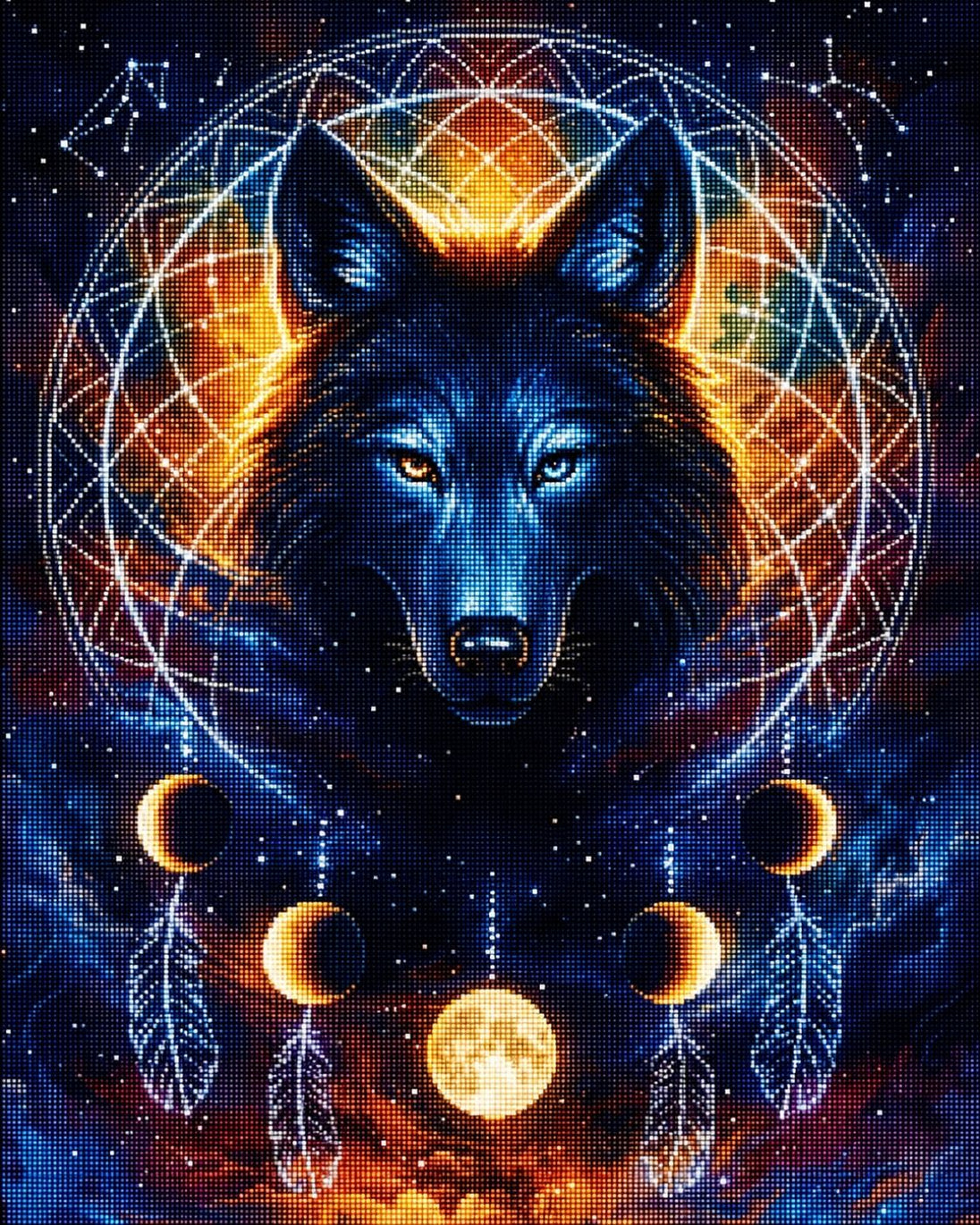 Diamond Painting eines Wolfskopfes in einem Traumfänger mit Mondphasen und Federn vor dem Weltall. Mockup.
