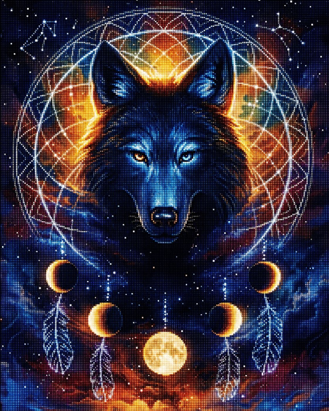 Diamond Painting eines Wolfskopfes in einem Traumfänger mit Mondphasen und Federn vor dem Weltall. Mockup.