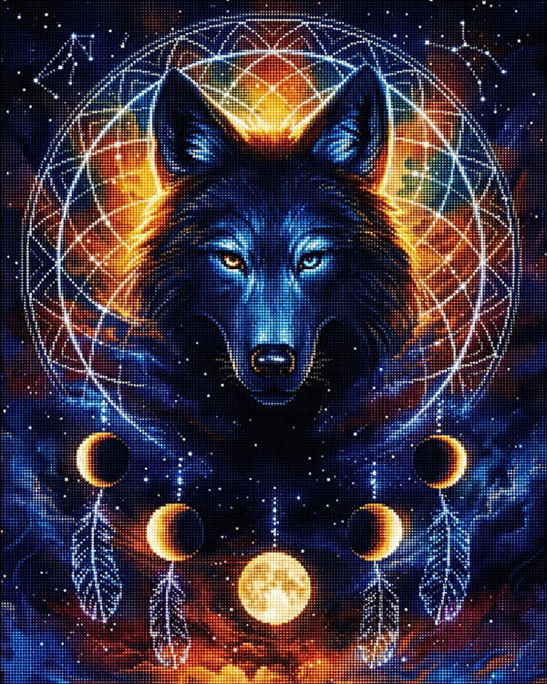 Diamond Painting eines Wolfskopfes in einem Traumfänger mit Mondphasen und Federn vor dem Weltall. Mockup.