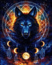 Diamond Painting eines Wolfskopfes in einem Traumfänger mit Mondphasen und Federn vor dem Weltall. Mockup.