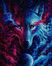 Diamond Painting eines Wolfskopfes, der zur Hälfte blau und zur Hälfte pink leuchtet, mit verschiedenfarbigen Augen. Mockup.