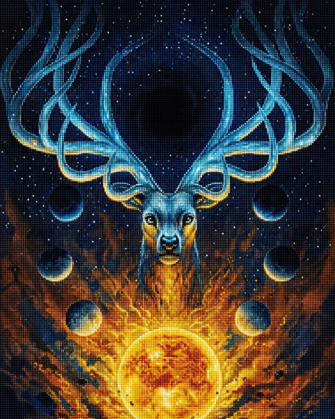 Diamond Painting eines Hirsches vor einem Sonnenuntergang, dessen Geweih Planeten und Sterne hält. Mockup.
