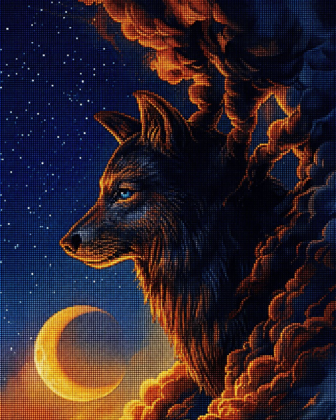 Diamond Painting eines Wolfskopfes im Profil vor einem Sichelmond und orangefarbenen Wolken. Mockup.