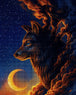 Diamond Painting eines Wolfskopfes im Profil vor einem Sichelmond und orangefarbenen Wolken. Mockup.