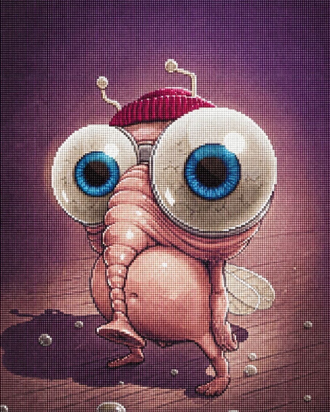 Diamond Painting einer lustigen rosa Fliege mit riesigen blauen Augen und einer roten Wollmütze. Mockup.