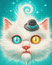 Diamond Painting einer weißen Katze mit Zylinder und unterschiedlich gefärbten Augen. Mockup.