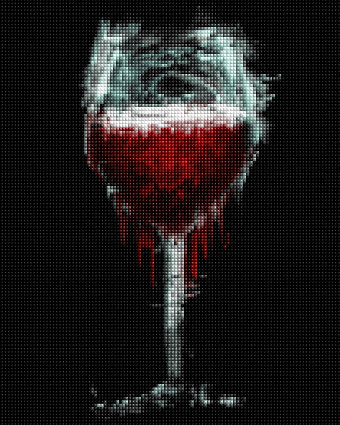 Diamond Painting eines roten Cocktailglases vor schwarzem Hintergrund. Mockup.