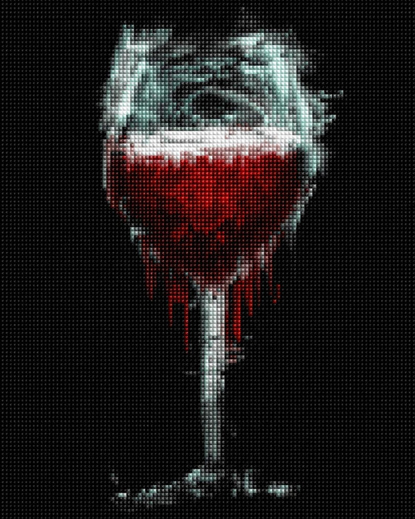 Diamond Painting eines roten Cocktailglases vor schwarzem Hintergrund. Mockup.