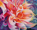 Diamond Painting einer abstrakten Blume in Pfirsichfarben mit Wassertropfen und Ornamenten im Hintergrund. Mockup.