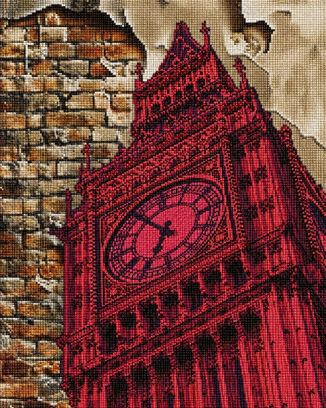 Diamond Painting des roten Big Ben vor einer alten Backsteinmauer.  Mockup.