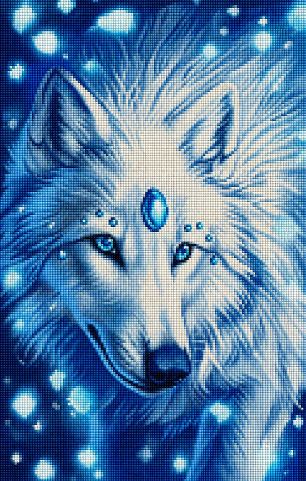 Diamond Painting eines weißen Wolfes mit blauen Augen und blauen Edelsteinen auf der Stirn im Schnee. Mockup.