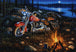 Diamond Painting eines roten Motorrads an einem Lagerfeuer bei Nacht an einem See unter dem Vollmond. Mockup.