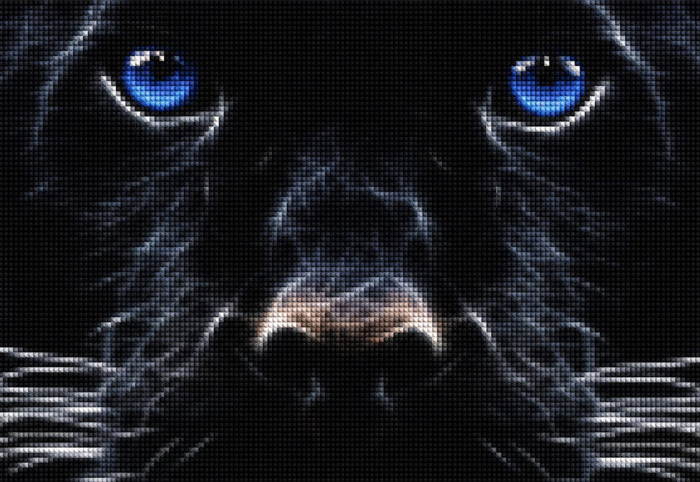Diamond Painting Hund mit leuchtend blauen Augen und dunklem Fell.
Mockup.