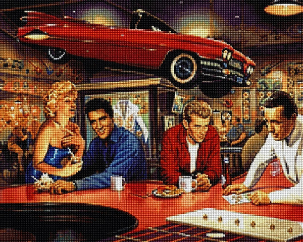 Diamond Painting einer Bar-Szene mit Hollywood-Stars wie Marilyn Monroe und Elvis Presley unter einem roten Auto. Mockup.