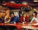 Diamond Painting einer Bar-Szene mit Hollywood-Stars wie Marilyn Monroe und Elvis Presley unter einem roten Auto. Mockup.