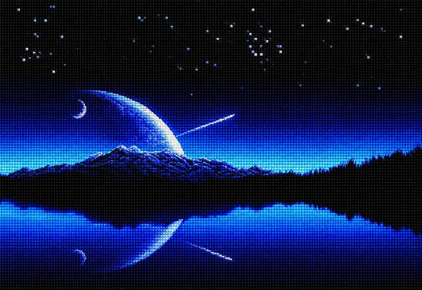 Diamond Painting eines blauen Planetenaufgangs über Bergen, der sich in einem See spiegelt, mit einer Sternschnuppe. Mockup.