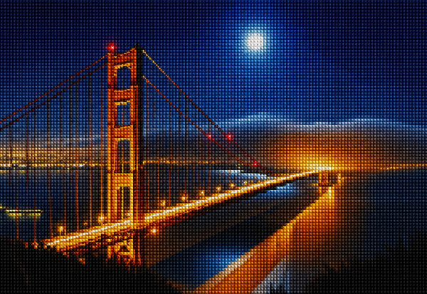Diamond Painting der Golden Gate Bridge bei Nacht mit Nebel unter einem strahlenden Vollmond am blauen Himmel. Mockup.