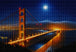 Diamond Painting der Golden Gate Bridge bei Nacht mit Nebel unter einem strahlenden Vollmond am blauen Himmel. Mockup.